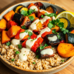 Roasted veggie grain bowl with a lemon-tahini dressing