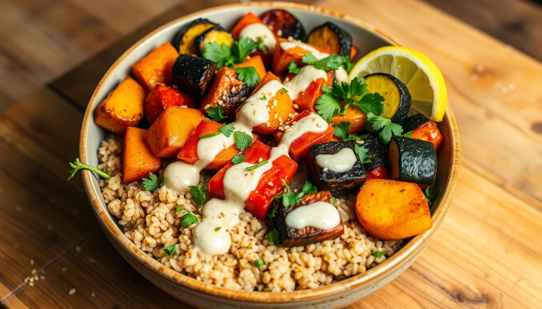 Roasted veggie grain bowl with a lemon-tahini dressing