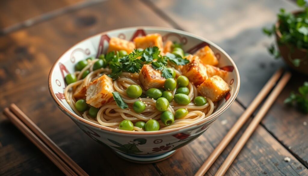 Soba noodle bowl with edamame and tofu