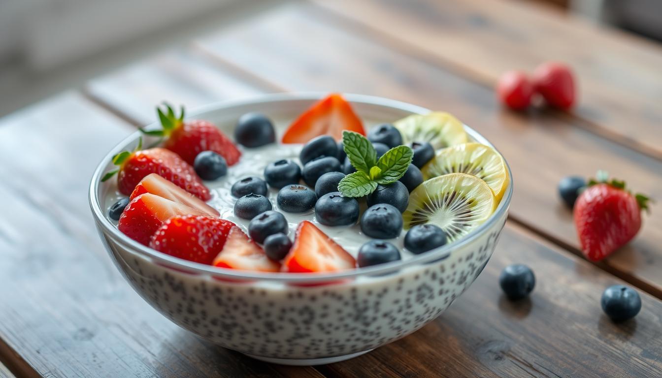 chia pudding topped with fresh fruit