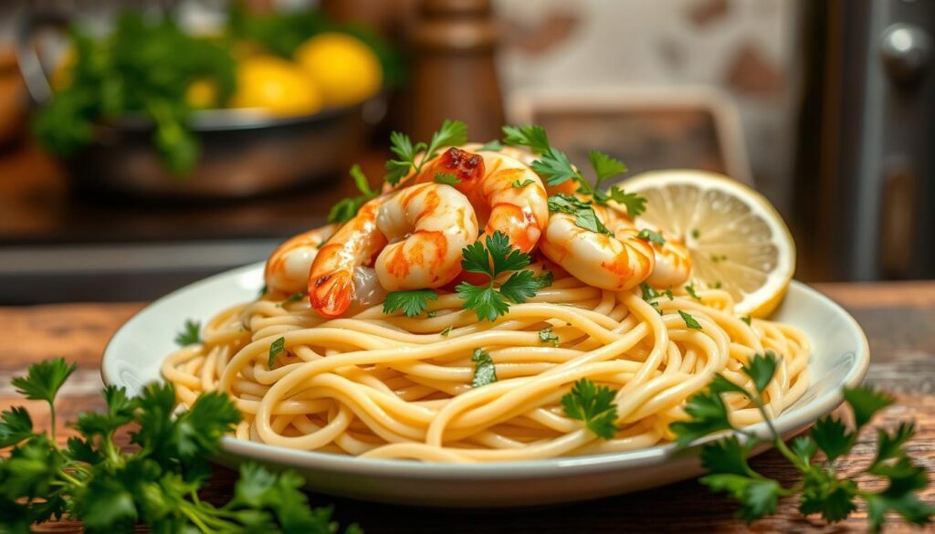 Shrimp scampi over linguine