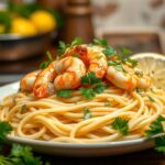 Shrimp scampi over linguine