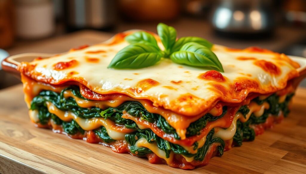 Baked lasagna with layers of spinach and ricotta