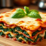 Baked lasagna with layers of spinach and ricotta